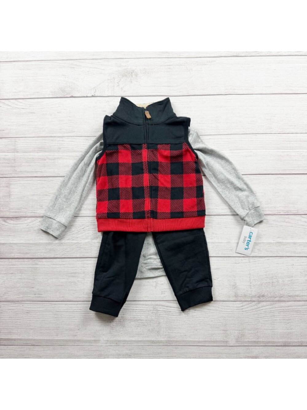 Carter's Baby Buffalo Plaid Outfit 3PC Red Black Sherpa Vest NWT 18-24 Months